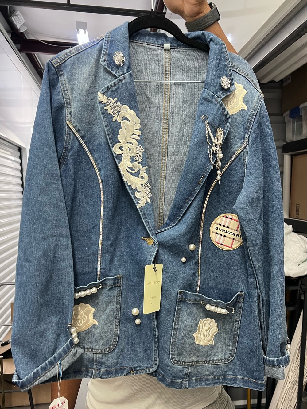 Custom made Blue Embroidered Denim Jacket with Pearl Accents